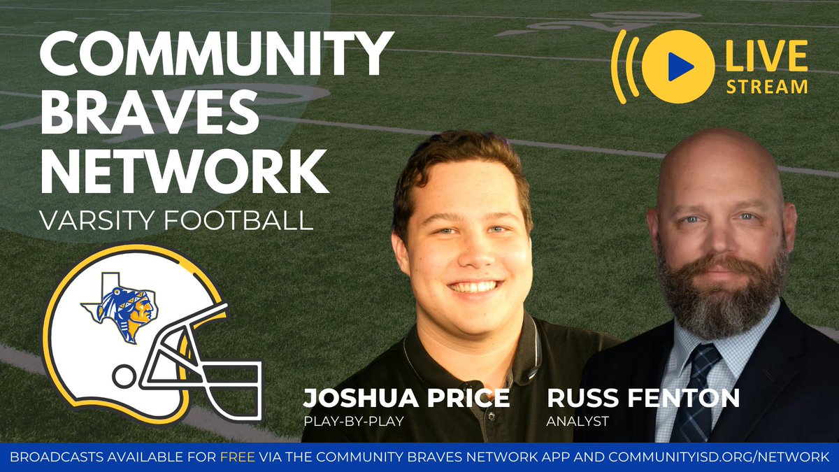 Introducing the 2023 @CHSBravefb broadcast team! Rising star @JoshuaPrice_TV joins us after 2 years w/ Texan Live. He'll be accompanied by Russ Fenton, CISD's Director of Technology. Stream games FREE via the Community Braves Network app and cisd.tiny.us/network. #TXHSFB