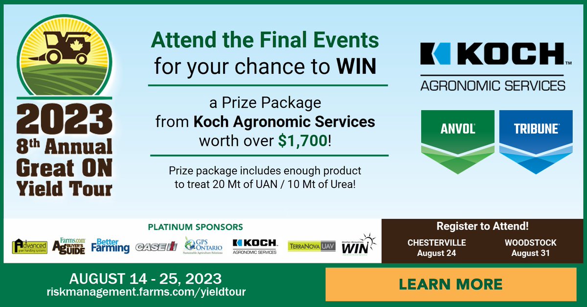 FarmsMarketing's tweet image. How Secure is Your Nitrogen Vault?

@BryceGeisel &amp;amp; @TimLaatsch of @KochFertilizer/@KochAgServices talk #nitrogen at the 2023 Great Ontario Yield Tour Final Event!

📅 August 31
📍 #ONYield23 Final Event in Woodstock

Register to Attend ⬇️

riskmanagement.farms.com/events/ontario…

#OntAg #Crops