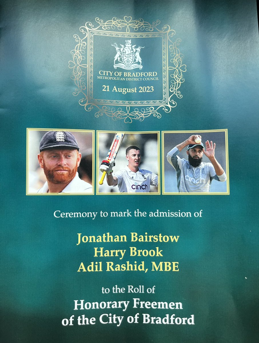 Congratulations to Jonny Bairstow, Adil Rashid & Harry Brook as they become Freemen of the City of Bradford. Credit to the civic leadership for acknowledging their achievements. A privilege for @charlesdacres & I to attend the ceremony earlier as Co-Chair of @Active_Bradford