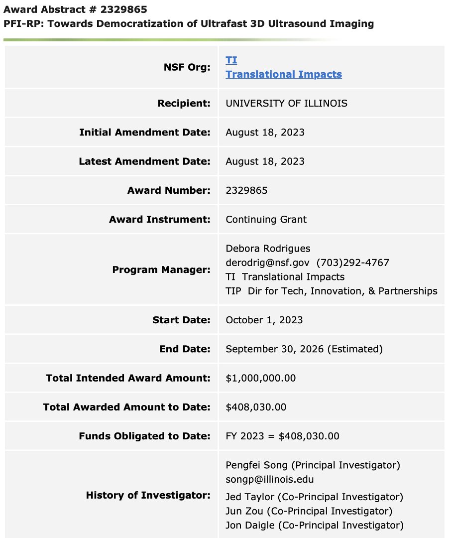 We are very excited to receive the <a href="/NSF/">U.S. National Science Foundation</a> Partnerships for Innovation (PFI) award to advance our commercialization effort for 3D ultrasound! Shoutout to our scientific, entrepreneurial, and industrial collaborators: Jun Zou <a href="/TAMUECE/">Texas A&M Electrical and Computer Engineering</a> , Jed Taylor <a href="/TECenter/">TEC</a>, &amp; Jon Daigle <a href="/verasonics/">Verasonics, Inc.</a>!