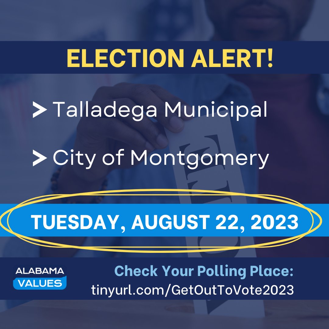 GailWaldby's tweet photo. Alabamans: Talladega Municipal and City of Montgomery elections Tuesday, August 22nd.
Montgomery will elect a mayor and city council members. Talladega will elect a mayor, council members and school board members.
Polls will be open from 7AM-7PM.
#Alabama #ALDems #ALPol https://t.co/BisUfArEIW