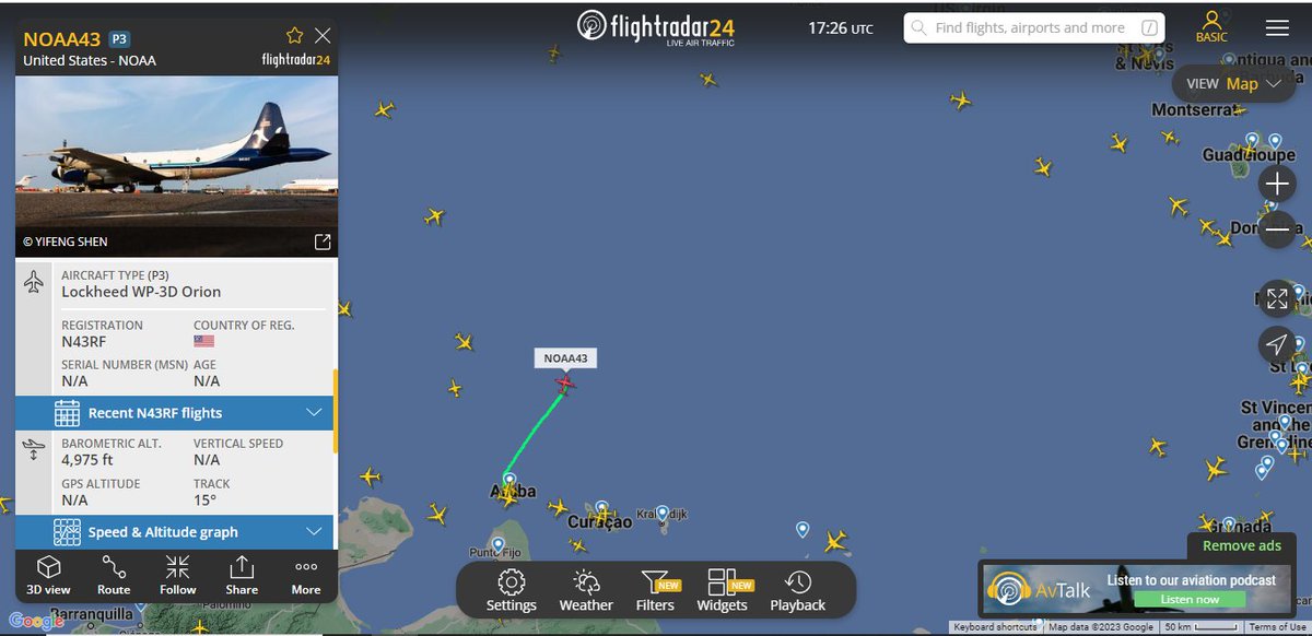 #21AGOSTO 1327VET  
En el aire NOAA43 Lockheed WP-3D Orion #CazaHuracan en ruta hacia #TSFRANKLIN en misión de recopilar información meteorológica.