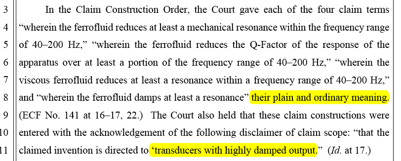 JNGross's tweet photo. Decision for Defendant $apple in #Taction #patent infringement case based on haptics technology found in wearables such as  #iphone and #applewatch is textbook example of how judges (especially in CA) bend over backwards to protect large tech company serial infringers at expense of #intellectualproperty owners.  Apple tried to beat the patents at the PTO using #IPRs, and lost.  But in Court case they won despite clear infringement. This is because the Judge said he was simply using the "plain and ordinary" meaning of words in the Taction claim (which simply says reducing a particular type of resonance), and then proceeds unabashedly in the next sentence to contradict himself by adding an additional restriction (it must also be a "highly damped output."  This mysterious and convenient "judge-invented" restriction is nowhere to be found in the claims.  Naturally the contrived results-oriented decision again is "no #infringement" in favor of another large IP thief, courtesy of our skewed #judiciary.