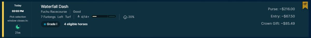Watch this quick video to understand how we are being paid to enter many races including the one shown below. 

Entry Fee: ~$67.50
$CROWN Stimmie: ~$85.50

Before the race even goes off we have made $18