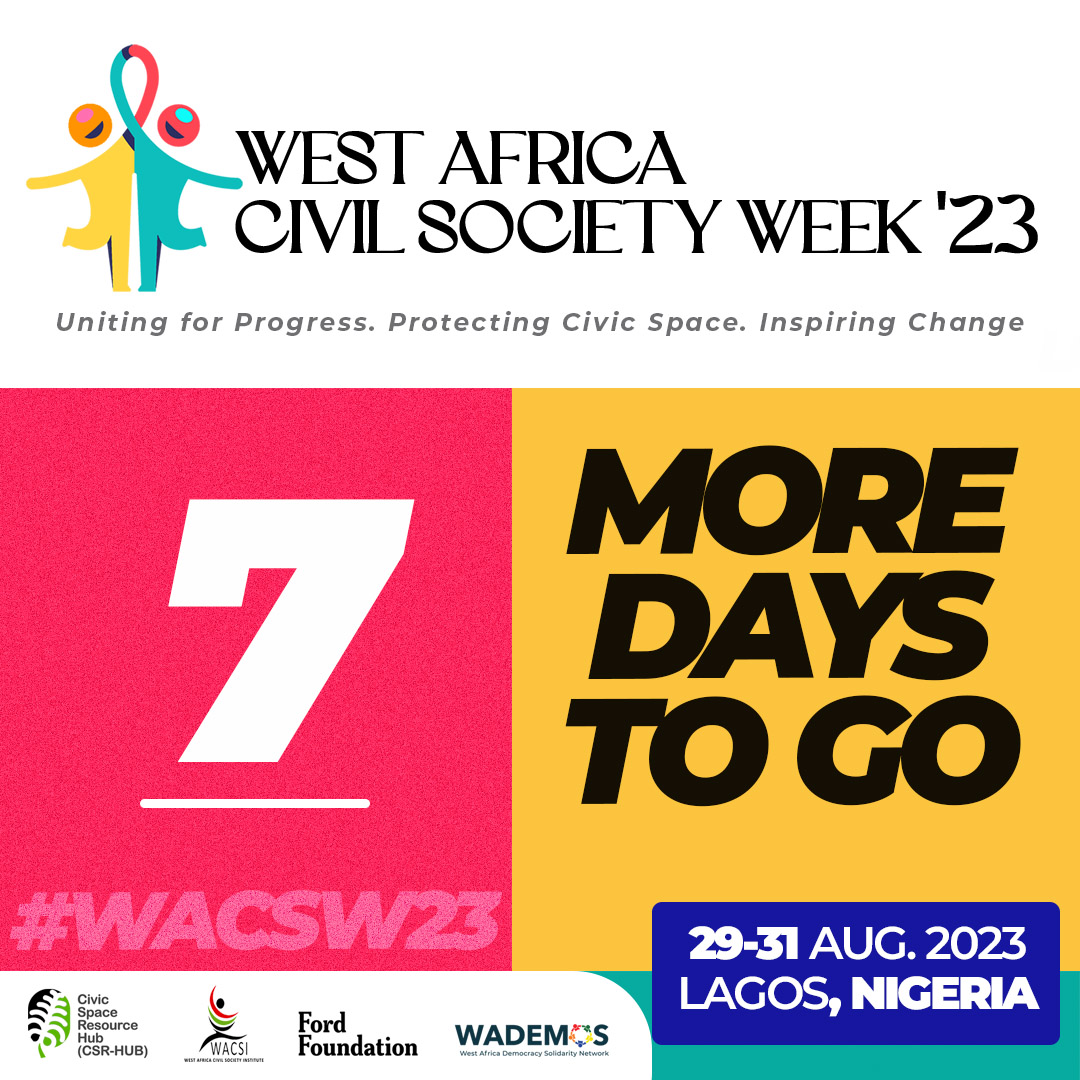 csrhubWA's tweet photo. 7 ππ¨π«π πππ²π¬ ππ¨ ππ¨!
Countdown to #WACSW237
Weβre all set and ready for the inaugural West Africa Civil Society Week happening in Lagos, Nigeria.
Register here to join us onlineπhttps://t.co/7TxV9U4Ht0
#WACSW23 #CountdownToWACSW23 https://t.co/wudddPgqtq