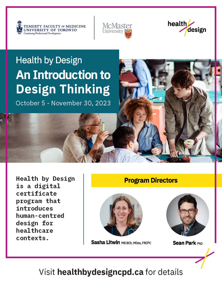 McMasterCPD's tweet image. Health by Design, An Introduction to Design Thinking, digital certificate program, starts October 5, 2023. 
Register 💻  healthbydesigncpd.ca
From page to prototype: turn your design ideas into reality.
#HealthByDesign
#DesignThinking
#InnovationInHealthcare
#CMEcredits