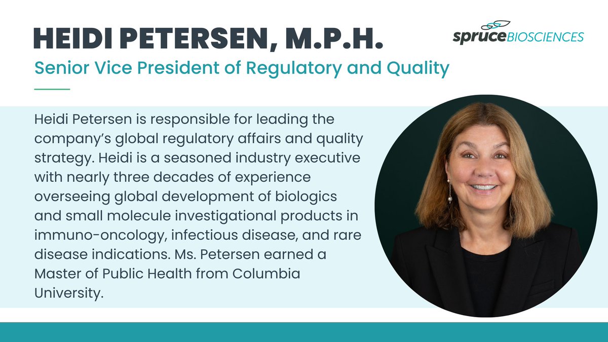 Spruce_Bio's tweet image. Join us in welcoming our new Head of Regulatory and Quality Assurance, Heidi Petersen, to the Spruce team! Heidi joins us with over 25 years of broad regulatory experience. 

Happy to have you as part of our team, Heidi! #ExecutiveSpotlight