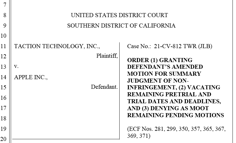 JNGross's tweet photo. Decision for Defendant $apple in #Taction #patent infringement case based on haptics technology found in wearables such as  #iphone and #applewatch is textbook example of how judges (especially in CA) bend over backwards to protect large tech company serial infringers at expense of #intellectualproperty owners.  Apple tried to beat the patents at the PTO using #IPRs, and lost.  But in Court case they won despite clear infringement. This is because the Judge said he was simply using the "plain and ordinary" meaning of words in the Taction claim (which simply says reducing a particular type of resonance), and then proceeds unabashedly in the next sentence to contradict himself by adding an additional restriction (it must also be a "highly damped output."  This mysterious and convenient "judge-invented" restriction is nowhere to be found in the claims.  Naturally the contrived results-oriented decision again is "no #infringement" in favor of another large IP thief, courtesy of our skewed #judiciary.
