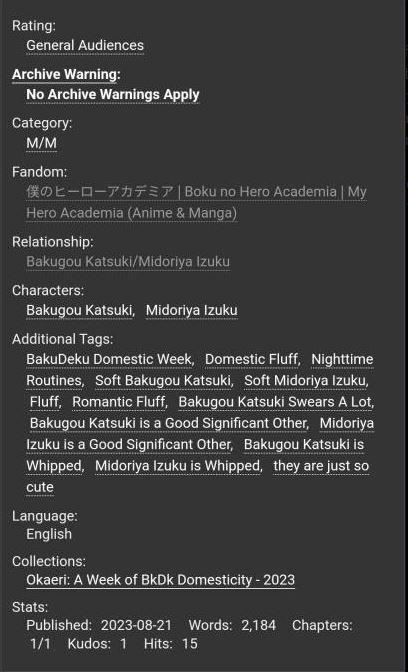 Super excited to present my Day 1 fic for #domesticbkdkweek2023 #okaeri2023 #domesticbkdkweek!!! Please enjoy ♥
Deku and Dynamight had a grueling overnight shift and all Izuku wants to do is flop into bed, however, Katsuki is a man of routine.
archiveofourown.org/works/49520290