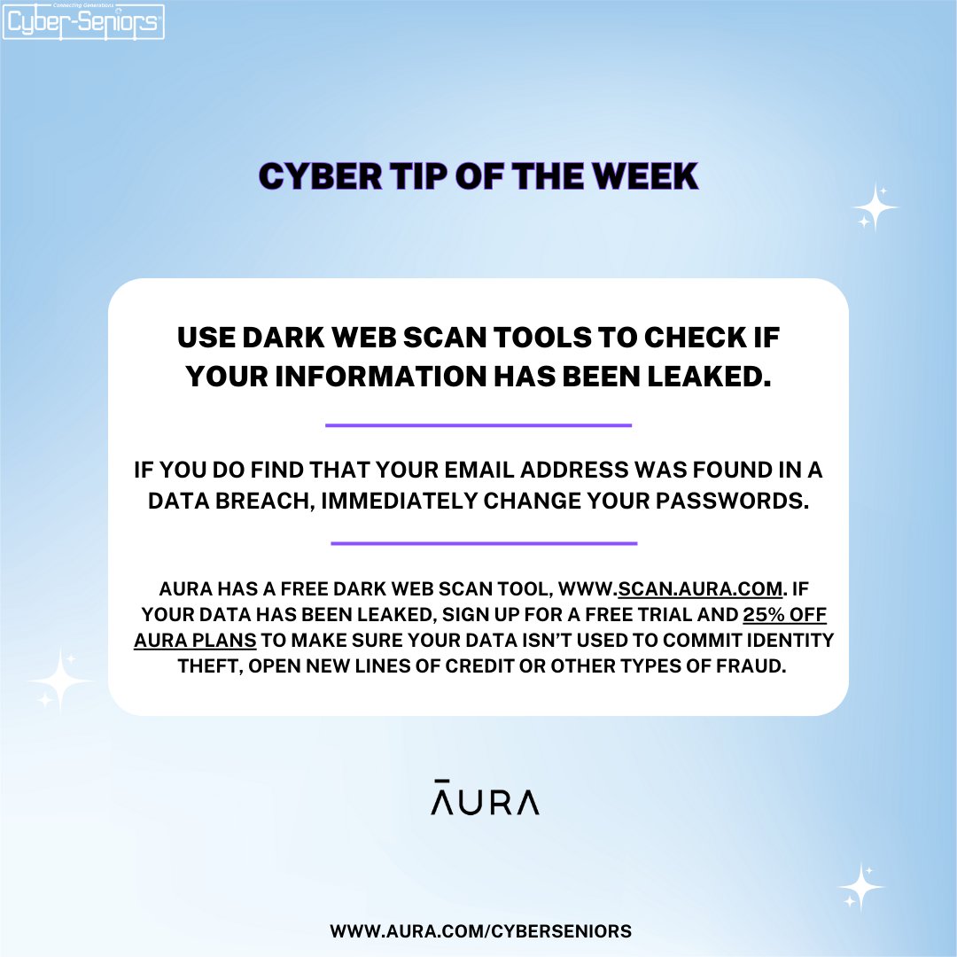 cyberseniors's tweet photo. 🚨 CYBER TIP OF THE WEEK 🚨 Presented by
@Aura_Protects https://t.co/TRyzr0Rb8J