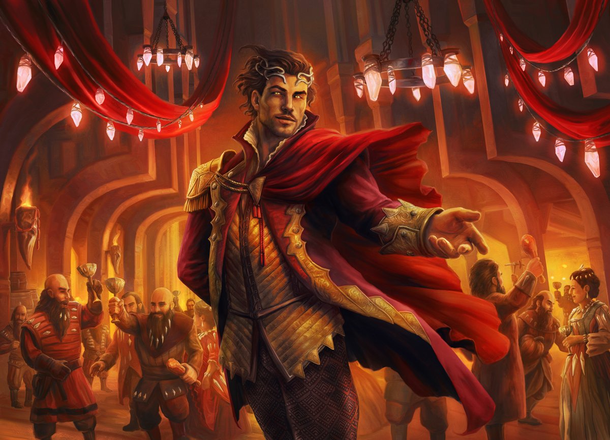 J_A_E1's tweet photo. Goddric, Cloaked Reveler. Another new one for MTG Wilds of Eldraine. A dragon in human form, as this set's version of prince charming at Cinderella's ball. The reinterpreted fairytales were so much fun to build on and get creative with. https://t.co/PLWlfZm6Ld
