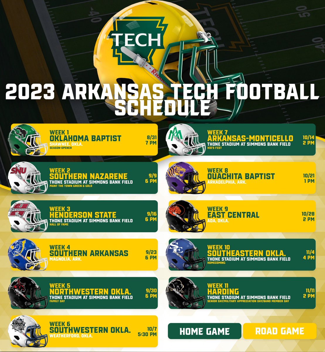 ATU_Athletics's tweet photo. Don’t forget to check out the 2023 Wonder Boys tomorrow night for their Green &amp; Gold scrimmage starting at 7 p.m. out at Simmons Bank Field at Thone Stadium!

Also, mark your 🗓️ now for all 6️⃣ home games this fall!

#FightOn | #LinkItUp | @ATUFOOTBALL https://t.co/slIzrLadCX