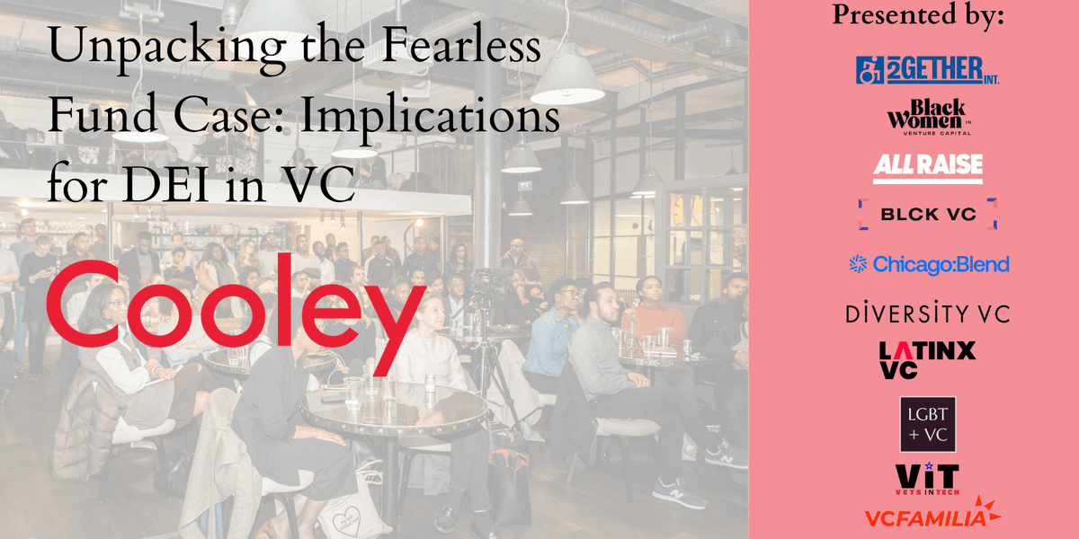 What does the lawsuit against <a href="/FearlessFund/">FearlessFund</a> mean for VC firms that consider #diversity when making investment decisions? 

Find out on Wed 8/30 at 12p CDT when our partners at <a href="/CooleyLLP/">Cooley LLP</a> break down the case and implications on the industry. 

REGISTER 👉 lu.ma/ppa0c3ie