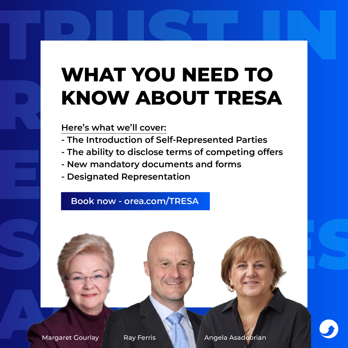 OREA is excited to offer Member Boards and brokerages the opportunity to schedule TRESA seminar sessions, featuring industry experts! The sessions cover the new model of designated presentation, code of ethics, etc.

For more information, visit orea.com/TRESA.