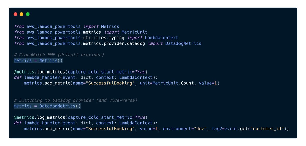 heitor_lessa's tweet photo. 📣 Powertools for AWS Lambda 2.23 is out!

🆕 Observability Providers for Metrics
🔥 Switch between providers, keep ≈same DX
🤩 Groundwork to support any AWS Lambda Observability Partners

Datadog now, but who should we prioritize next?

https://t.co/aK8y1x0oze

#aws #serverless https://t.co/1WJpOxkp57