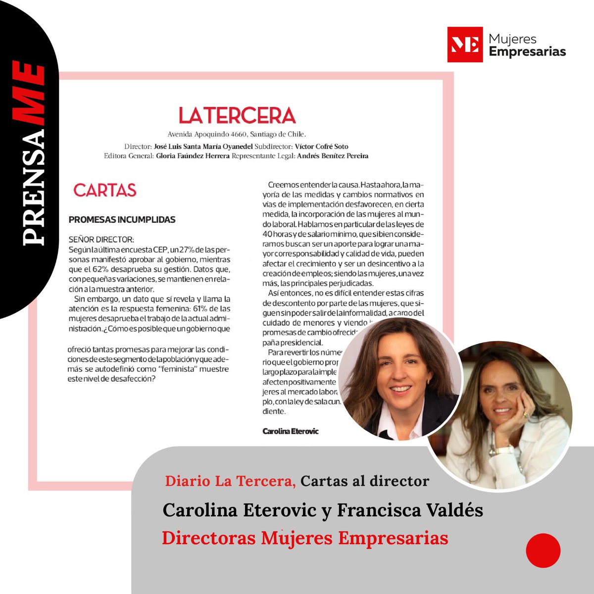 Hoy en Diario La Tercera, se publicó una carta al director de nuestras Directoras Carolina Eterovic y Francisca Valdés Vigil , refiriéndose a las promesas incumplidas del gobierno y cómo estas afectan a la mujer. Revísala completa aquí lnkd.in/esbBKC5z