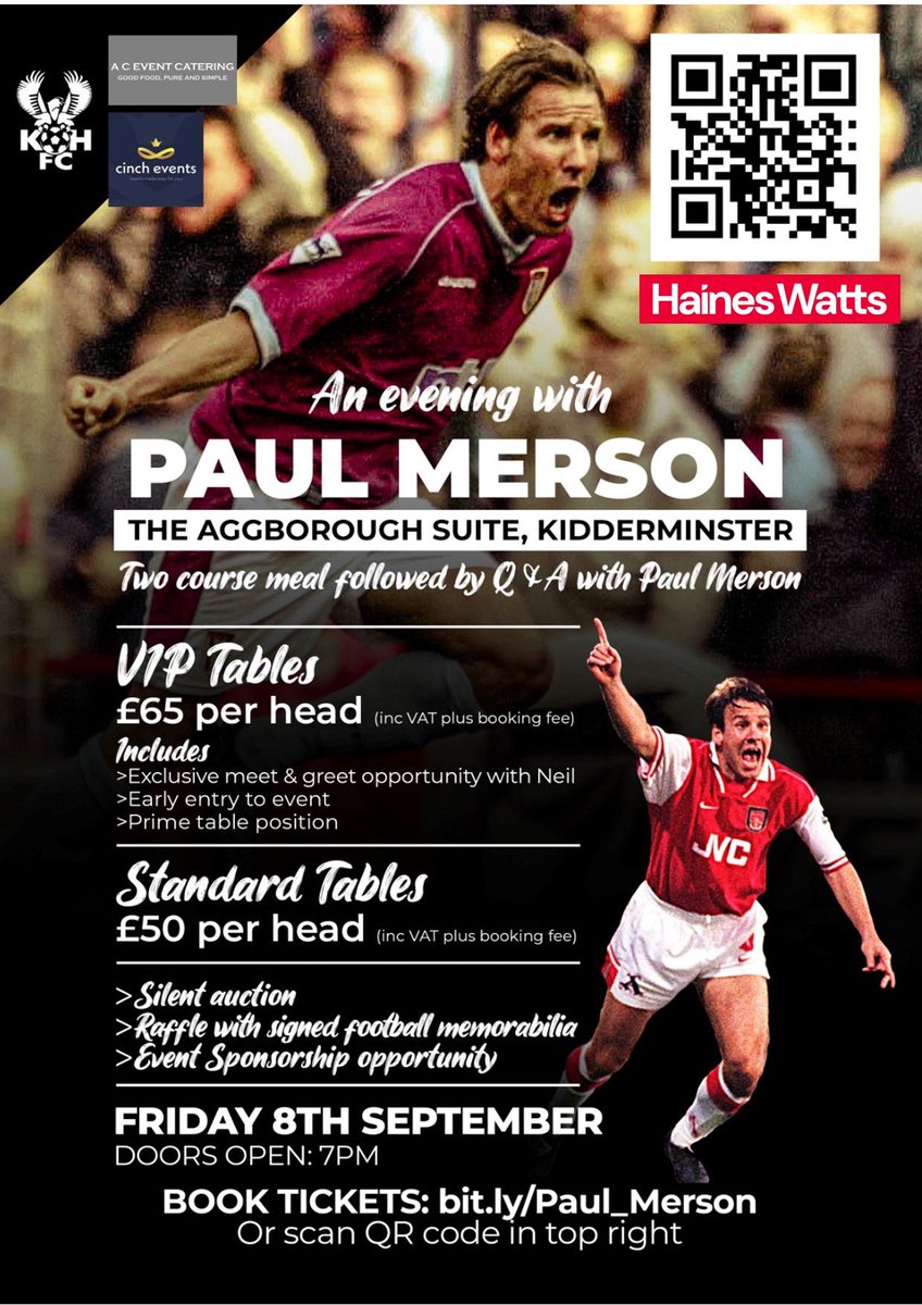 cinch_events's tweet photo. An Evening With Paul Merson 
Only a few tickets remaining at Kidderminster Harriers FC on Friday 8th of September, which includes a two course meal and Q and A with Merse! 
To get yours and for more information, visit our ticket site:

https://t.co/LLE04QpmJl https://t.co/0ZuOHcP3Ce