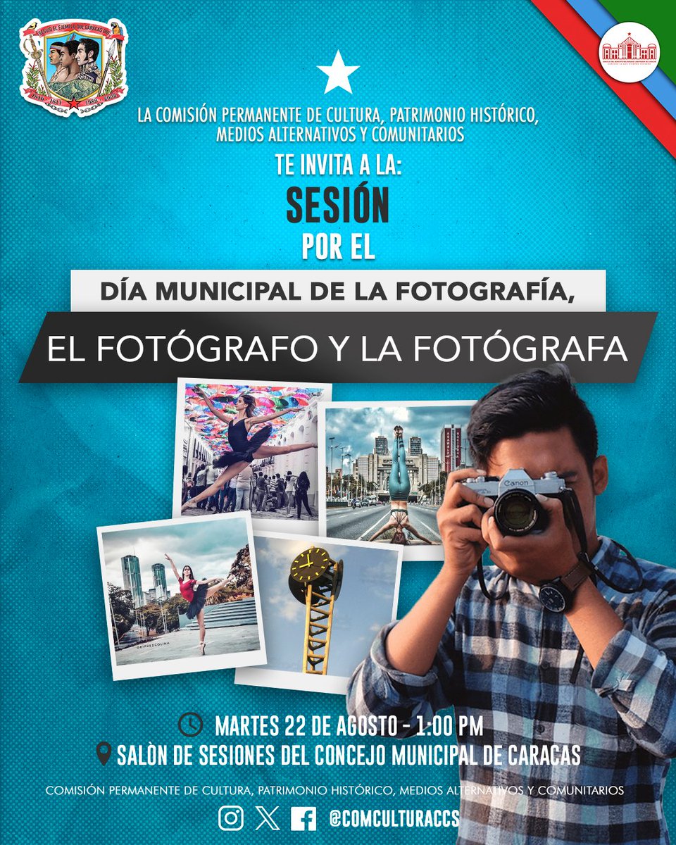 🇻🇪 El Concejo del Municipio Bolivariano  de Caracas te invita a la Sesión  con motivo del día municipal de la Fotografía, el fotógrafo y la Fotógrafa 🇻🇪

*Fecha: 22/08/23
*Hora: 1:00 pm puntual 
*Lugar:  Salón de Sesiones del Concejo Municipal de Caracas 
#ConversaitoConMaduro