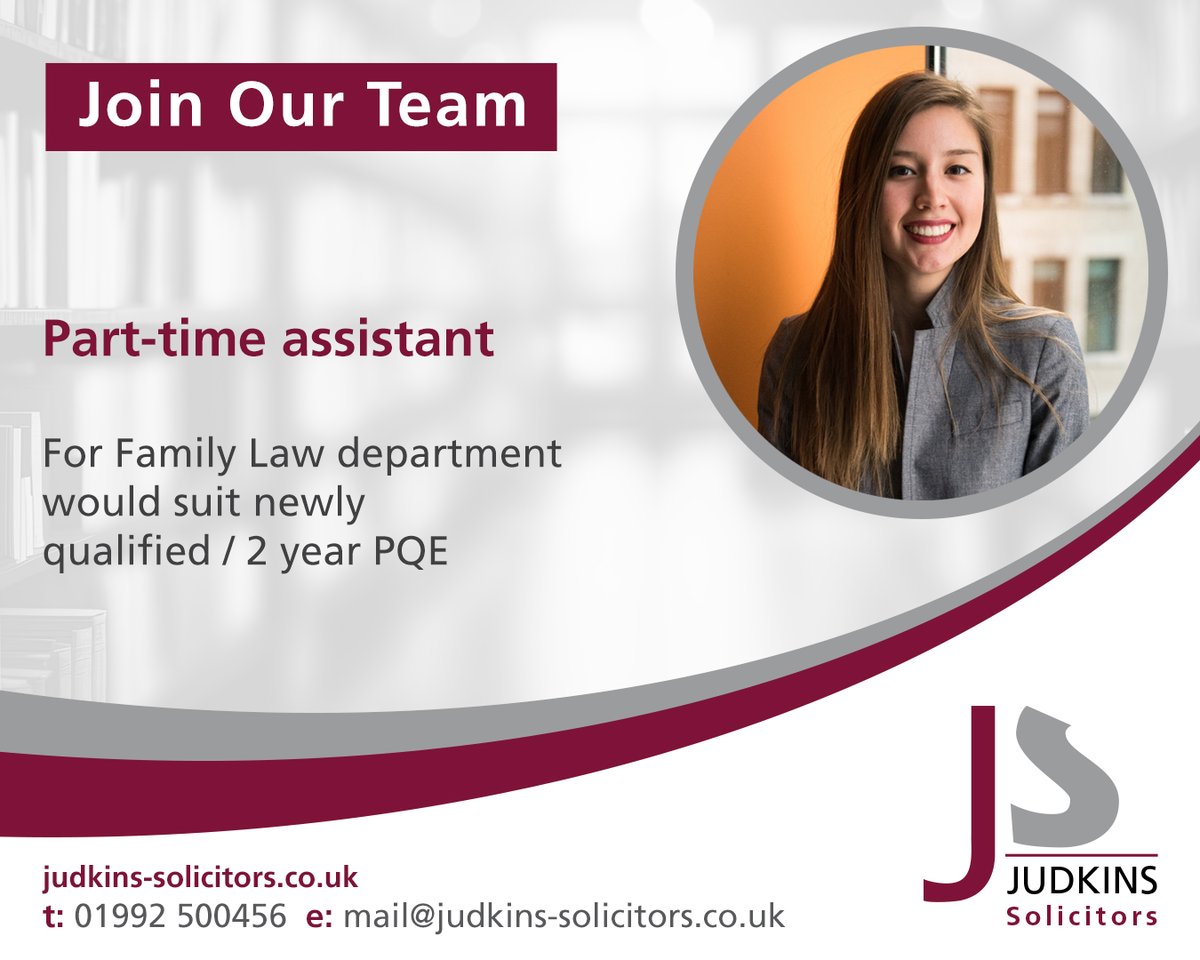 Part-time assistant ow.ly/9wAh50NKKyR
judkins-solicitors.co.uk/recruitment/
Please reply with a cv to
mail@judkins-solicitors.co.uk attn Sylvie Bradley
#hiring #partime #legaljobs  #hertford  #hertfordshire #essex #familylaw #judkinssolicitors #UK #Southeast #Essex #London