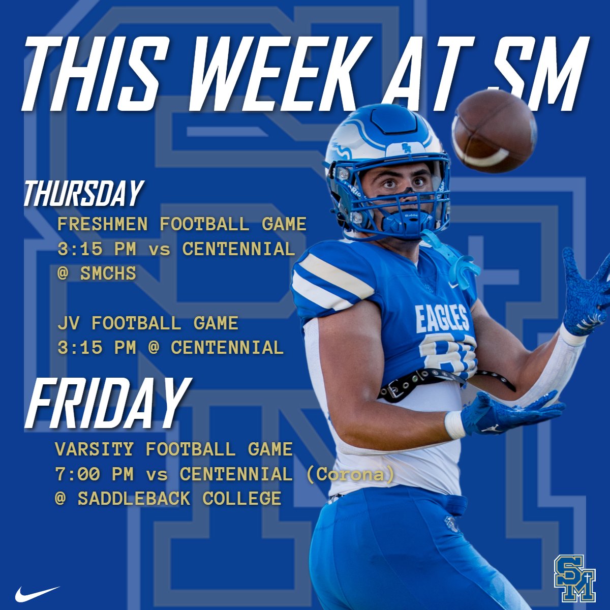 SM Eagles Football (@smchs_football) on Twitter photo This week, SM Football takes on <a href="/Cen10Football/">Corona Centennial Football</a> back at home Friday Night! Let's pack the Nest again!
Lower Level games are Thursday afternoon.
#GoEagles🦅 #WeAreSM This week, SM Football takes on <a href="/Cen10Football/">Corona Centennial Football</a> back at home Friday Night! Let's pack the Nest again!
Lower Level games are Thursday afternoon.
#GoEagles🦅 #WeAreSM
