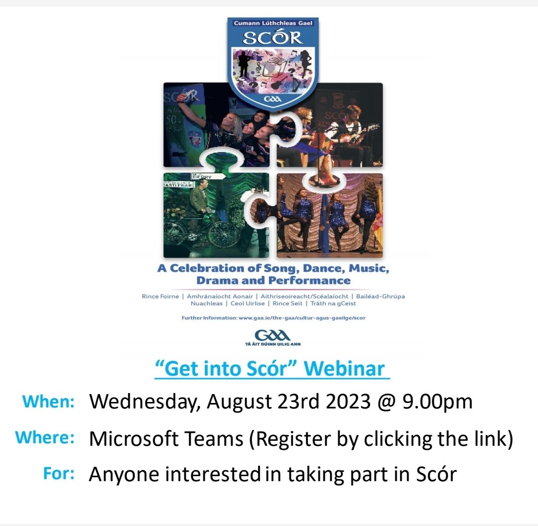 Are you interested in Scór?

Register below for an online support meeting:

📆 Wednesday, August 23rd 

⏰️ 8pm.

📍 Microsoft Teams.

@officialgaa

#gaascór 

Click the link below to register⬇️ 
events.teams.microsoft.com/event/574511d6…