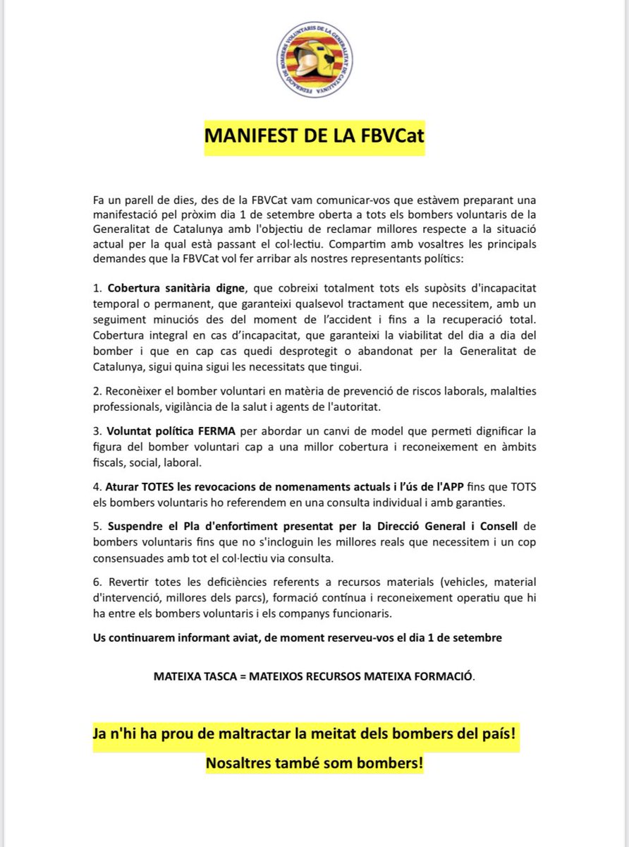 Manifest de la FBVCat per a la convocatòria de la manifestació del proper dia 1 de setembre del 2023 al Parlament!