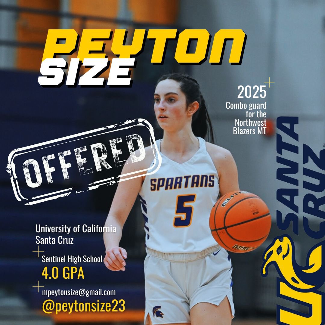PeytonSize23's tweet image. I’m so excited to receive an offer from @iCUCoachMoMoney to play basketball for @ucscwbb. Thank you Coach Mo and Coach Delaney for the opportunity. #goslugs