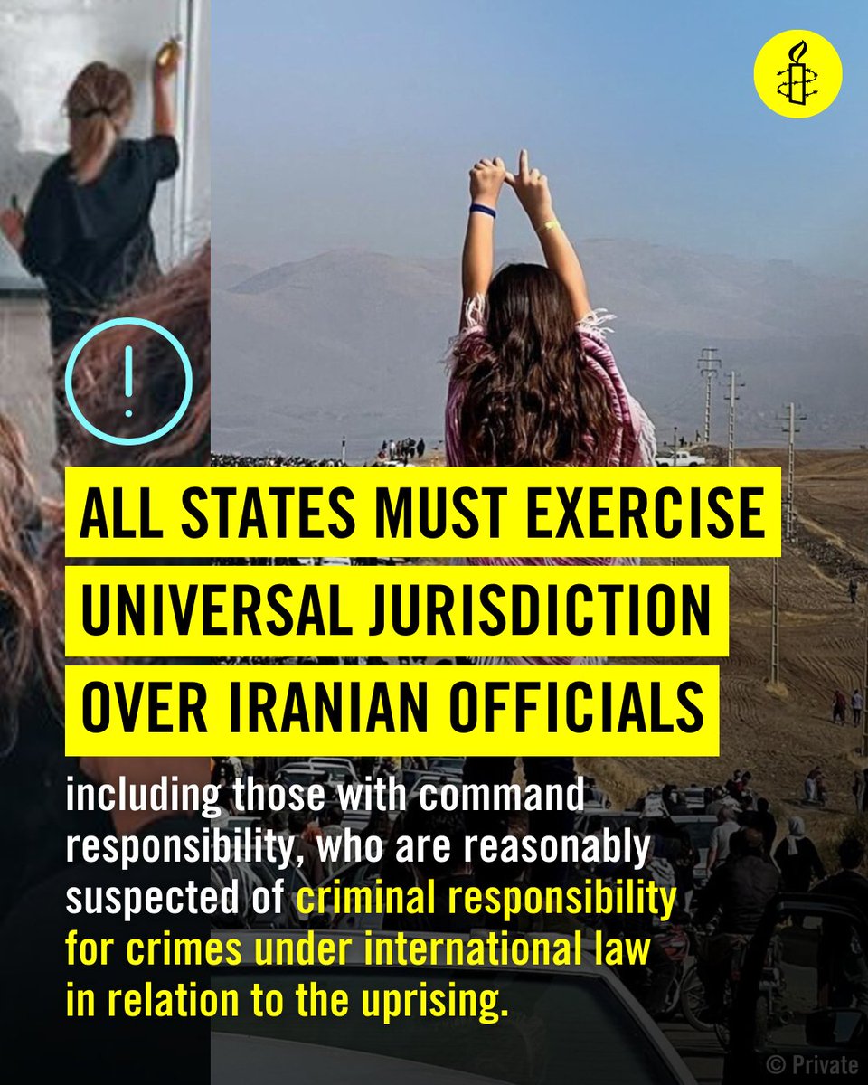 Given systematic impunity, @amnesty calls on states to exercise universal jurisdiction & issue arrest warrants for Iranian officials reasonably suspected of criminal responsibility for crimes under international law during & aftermath of the uprising. amnesty.org/en/documents/m…