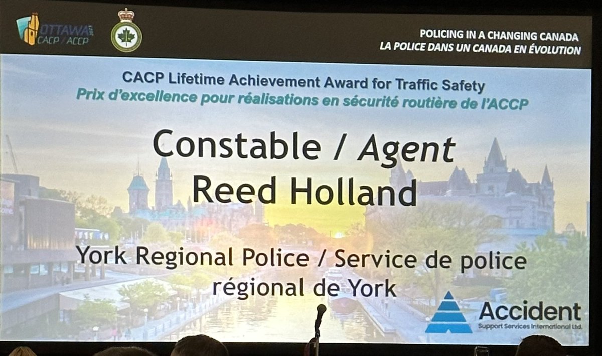 Congratulations to PC Reed Holland @YRP  for winning  @CACP_ACCP Lifetime Achievement Award for Traffic Safety. Ty for your continued commitment to keeping our roads safe.👍🏽 #trendsetter 
#teamwork #innovation #RoadSafety 
#leadership @chiefmacsween @CHammond953 @DeputyPDaSilva