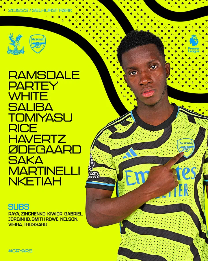 Starting XI: Ramsdale, Partey, White, Saliba, Tomiyasu, Rice, Havertz, Odegaard, Saka, Martinelli, Nketiah

Substitutes: Raya, Zinchenko, Kiwior, Gabriel, Jorginho, Smith Rowe, Nelson, Vieira, Trossard