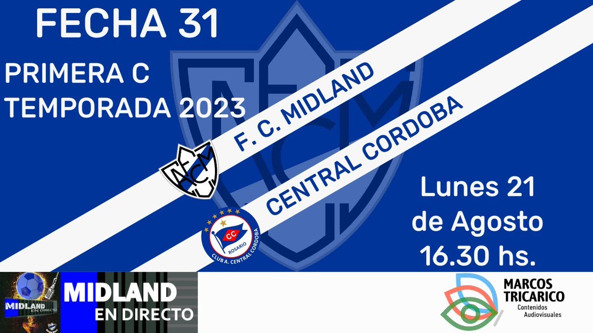 MPUnidosOK's tweet photo. Este lunes 21 de agosto a las 16:30hrs de local F.C Midland enfrentará a Central Cordoba  por la fecha 31 de la #primeraC

Podras disfrutarlo en el canal de youtube : "Midland en Directo" y equipo gol a gol"

#DejenTransmitirALosPartidarios #mpu #Fcmidland #centralcordoba https://t.co/F66PjWTdO5