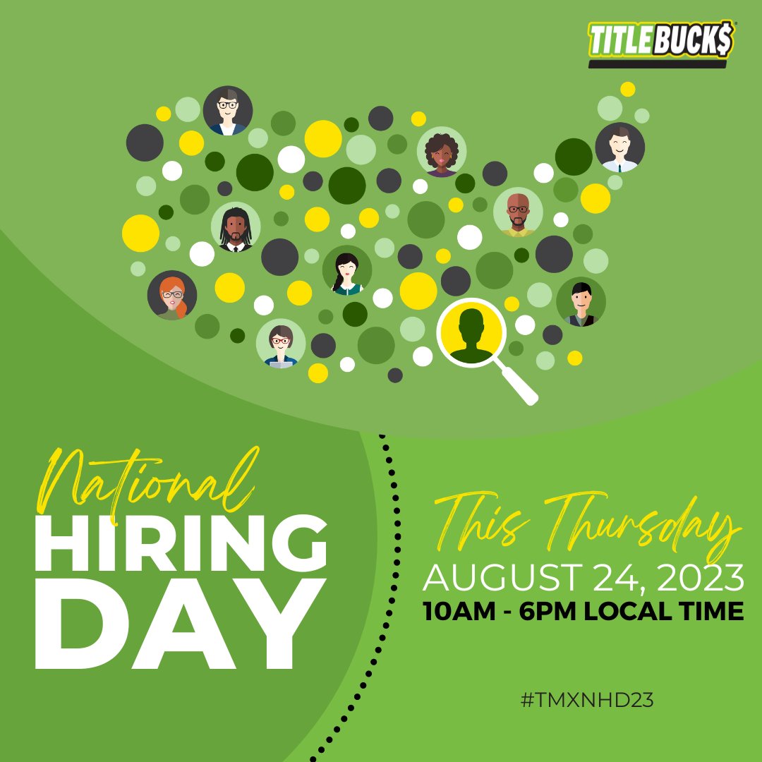 Our National Hiring Day event is in THREE DAYS! Join us THIS THURSDAY at any TitleMax®, TitleBucks®, or InstaLoan® from 10am-6pm local time for open interviews &amp; potential on-the-spot-offers for certain positions! Learn more about who we are &amp; what we do. bit.ly/tmxnhd23