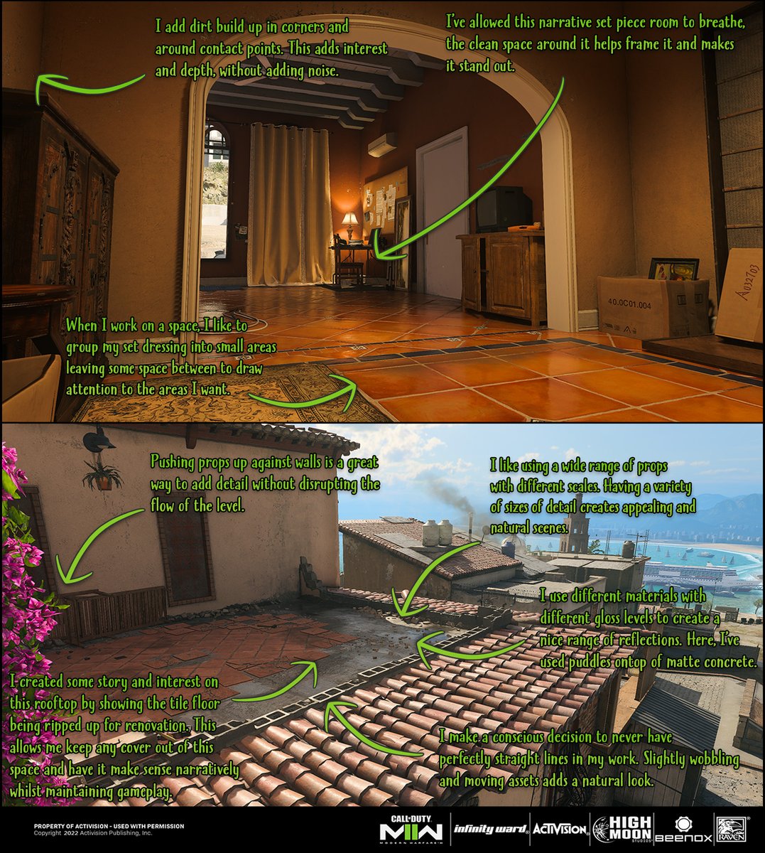 Release Notes: Creating game environments in #MWII 👇 

Ben Macauley, Environment Artist: "Creating an environment is like crafting a character, it's the silent star of the game. Every texture, prop, and placement is a deliberate choice for the game narrative."