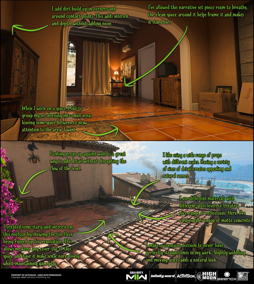 Release Notes: Creating game environments in #MWII 👇 Ben Macauley, Environment Artist: 'Creating an environment is like crafting a character, it's the silent star of the game. Every texture, prop, and placement is a deliberate choice for the game narrative.'