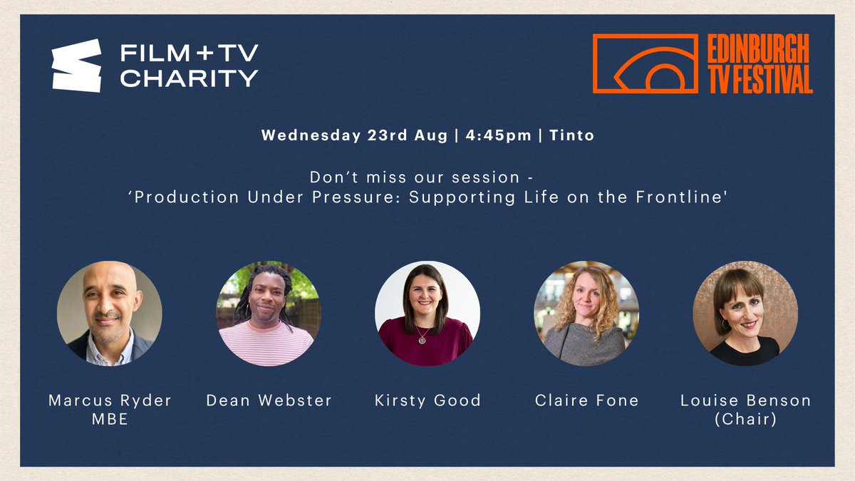 It’s almost #EdinburghTVFest time! 📺
 
On Wed at 4:45pm, join our session, ‘Production Under Pressure: Supporting Life on the Frontline’, where <a href="/marcusryder/">Marcus Ryder</a>, Kirsty Good, <a href="/TVsDeanWebster/">Dean</a>, Claire Fone &amp; Louise Benson will be discussing financial resilience &amp; industry support! 🎥