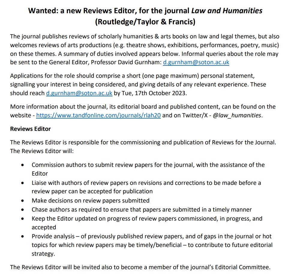 We are looking for a new Reviews Editor to replace @martailj - if you are interested then please take a look at the ad below, and contact the Editor @DavidGurnham by 17/10/23 @HedgehogsFoxes @tandfhss @Law_Cult_Huma @Law_History @LawLitJournal @lawartsculture @ArtLawNetwork