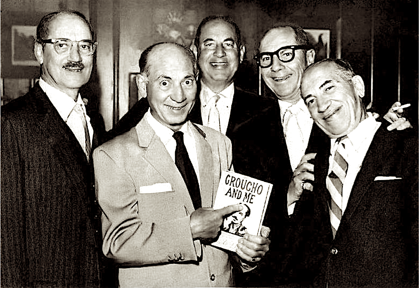 StoliarSteve's tweet image. Minnie's Boys: Groucho, Harpo, Gummo, Zeppo and Chico pose for a promotional photo to draw attention to the publication of Groucho's 1959 memoir, "Groucho And Me."