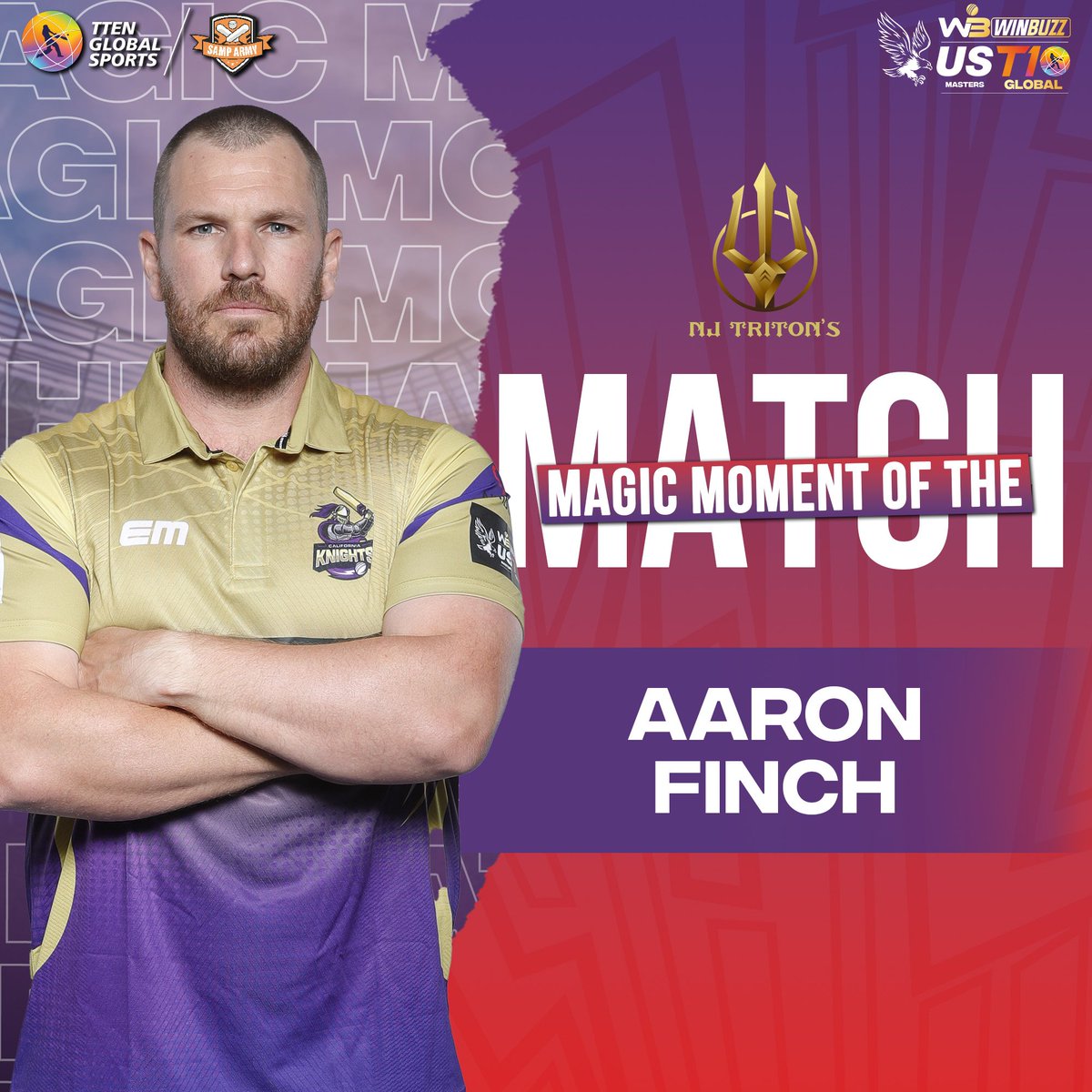 Match 2 ⏭️ New Jersey Triton’s vs California Knights 

Magic Moment of the Match award goes to Aaron Finch for his 5️⃣ sixes in an over 🪄🔥

#NJTvCK #USMastersT10 #SunshineStarsSixes #CricketsFastestFormat #T10League