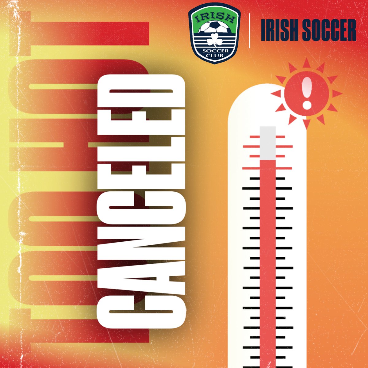 AltonIrishClub's tweet photo. Irish Soccer Club sessions tonight are canceled due to the excessive heat and according to U.S. Soccer guidelines - Monday August 21, 2023. https://t.co/9OPUj6u5Kx