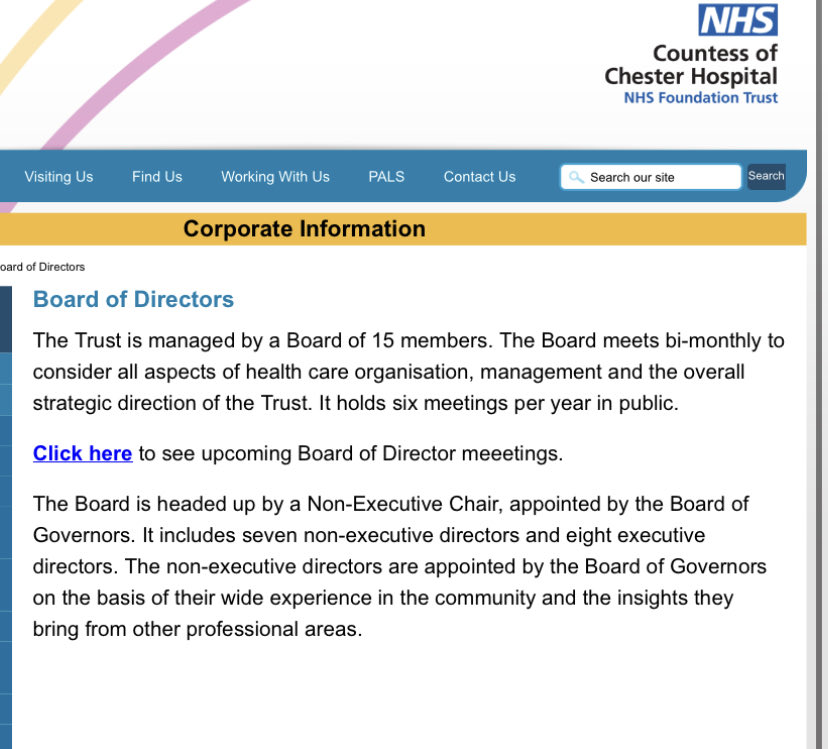 DesMcVey's tweet photo. Most NHS trust websites have a page dedicated to proudly promoting the board of directors with a photo and brief bio. The absence of this on the Chester site perpetuates a view that,for NHS board members,status without accountability is the quest https://t.co/38ZXLZhLtY