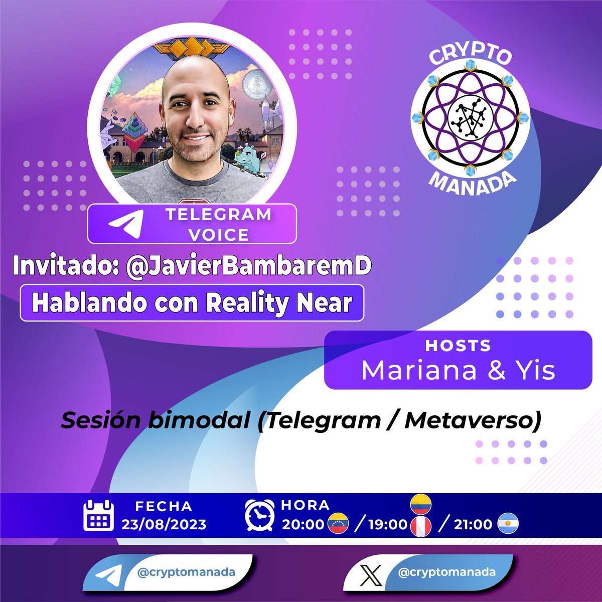 Manada por acá les dejamos la programación de la semana. 

Agenda desde ya para que aproveches todos los recursos que tenemos disponibles.

Ya estamos listxs para recibir a <a href="/JavierBambarenD/">Javier Bambaren D</a> CEO de <a href="/RealityNearOrg/">Reality Near</a> y enteramos de todo lo que se viene con este proyecto. ✨