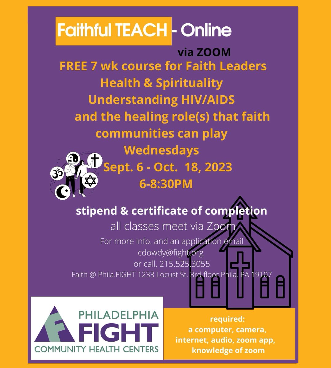 FightResearch's tweet photo. Faithful TEACH Online's FREE 7-week course for faith leaders is about the healing roles of faith in understanding HIV/AIDS! 

Group meets Wednesdays Sep 6-Oct 18 6:00p-8:30p via Zoom. Contact Calenthia Dowdy at cdowdy@fight.org or 215 525 3055 for more info and applications! https://t.co/Z5hiQtlxoZ