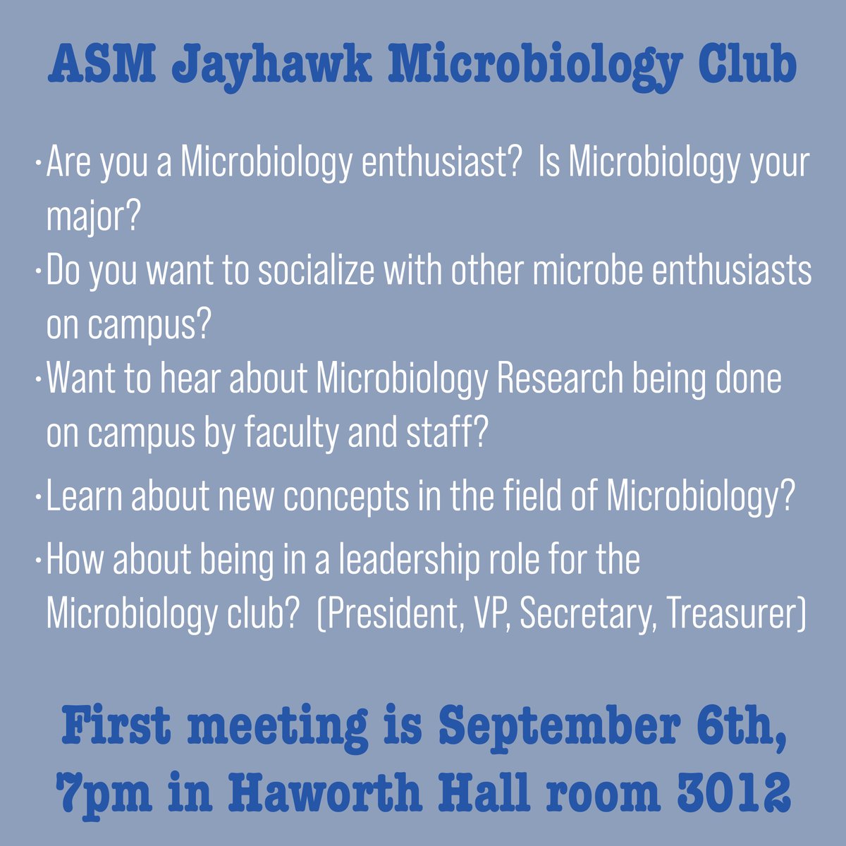 KUbiology's tweet image. The first meeting is September 6th at 7 pm in Haworth Hall, room 3012

Meetings will be once a month in the evenings:  TBD on dates/time
Special Events: once a month

If interested, please email Shelli Nauman, Microbiology Laboratory Coordinator, at s121g752@ku.edu for details.