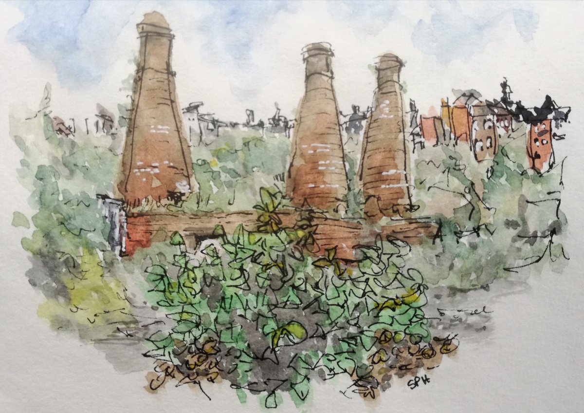 @GraniteElements #sketchbook Three Sisters, Burslem. Watercolour and pen sketch #bottleovens #mycreativeweek