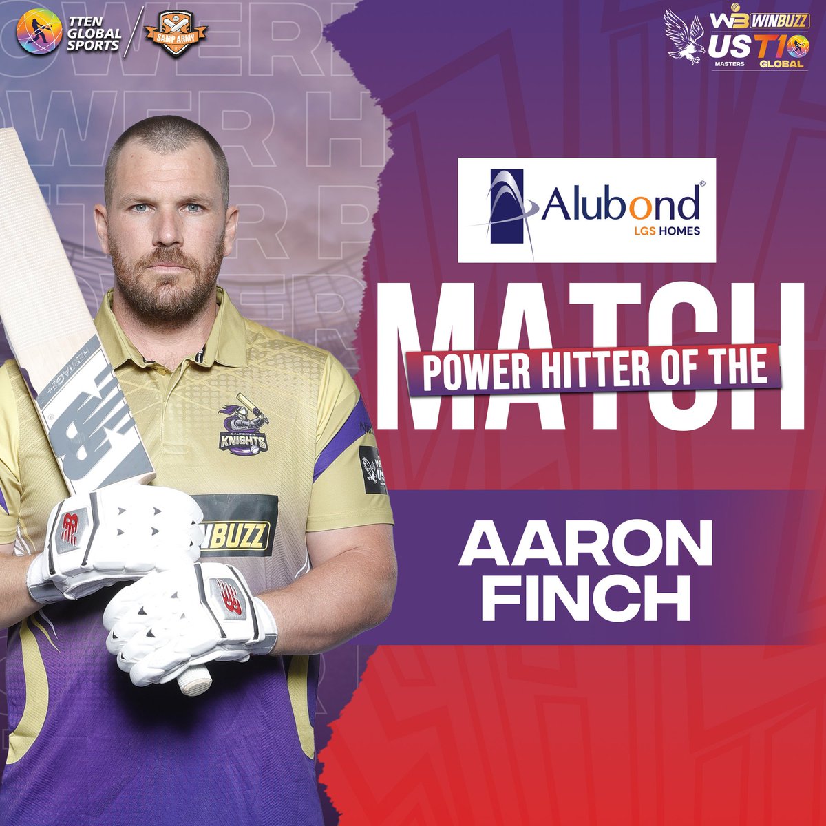 Match 2 ⏭️ New Jersey Triton’s vs California Knights 

Alubond Power Hitter of the Match award goes to Aaron Finch for his 8️⃣ sixes 🇦🇺🔥

#NJTvCK
#USMastersT10 
#SunshineStarsSixes
#CricketsFastestFormat
#T10League