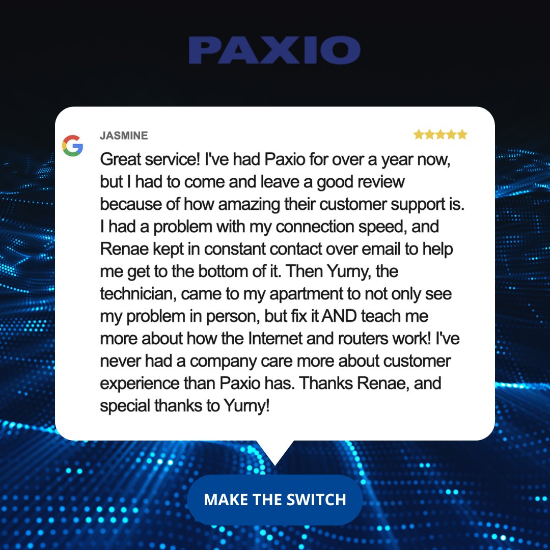 PAXIO's tweet image. We aim to provide better internet service and  customer support in the #BayArea, making you glad you made the switch to PAXIO! 🌐