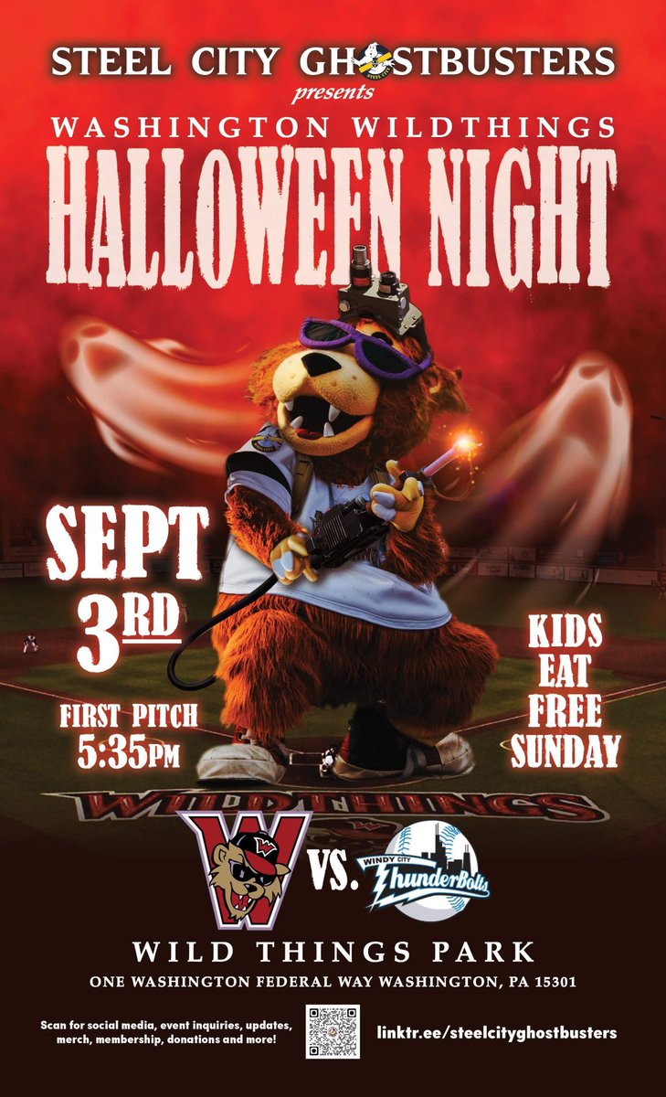 WashWildThings's tweet photo. Fire up your proton pack. Dodge that ectoplasm. The final game of the year is Halloween Night with the @SteelCityGBs. We ain't afraid of no ghosts!

🎃: https://t.co/tmMDMG0v1C
👻: https://t.co/4QmoYIAEuE https://t.co/CFLKWZI9wN