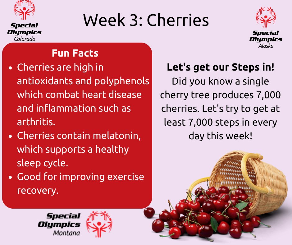 Whenever we think of Cherries, all I can think about is summer! As summer is coming to an end,
let’s learn more about this fun, red fruit! Take a look at why cherries are good for our health
and let’s see what our step count is for this week!
