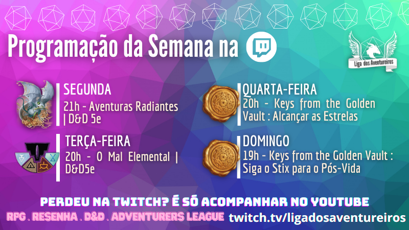 ligaventureiros's tweet photo. Hello, gente linda! Chegou nossa Programação Semanal da @Twitch! Se Liga!
>>
Gosta do nosso conteúdo? Segue a gente! E acompanhe essa programação em https://t.co/lKbnY8W9fz.
@patlbrito @Saraivaverso @inabotelho  @andrefelipsi @DnD_AdvLeague @Wizards_DnD https://t.co/r9nzLZuOeh