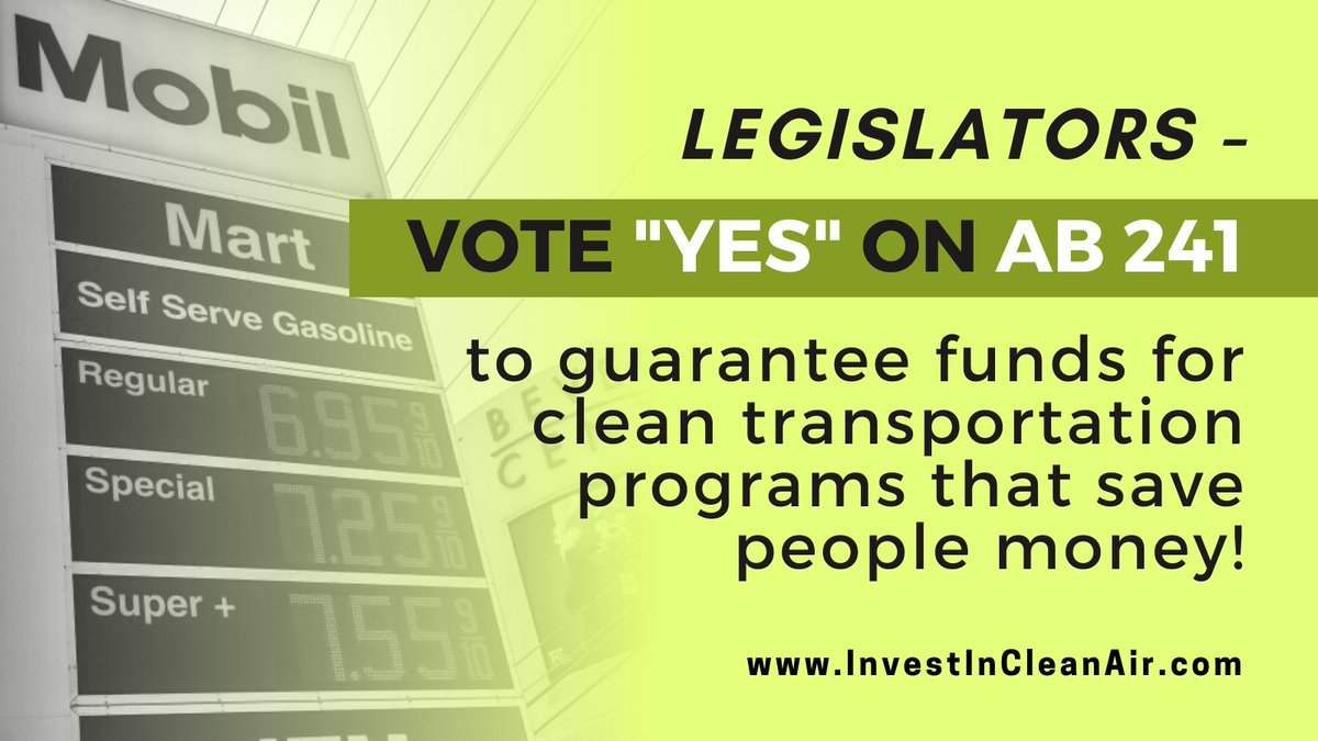 #CALeg - Please VOTE ‘YES’ on #AB241 to ensure those who are impacted most by pollution and high gas prices are guaranteed funds that increase access to cleaner, more affordable transportation options! Now is the time to #InvestInCleanAir! investincleanair.com/letter-to-the-…😀